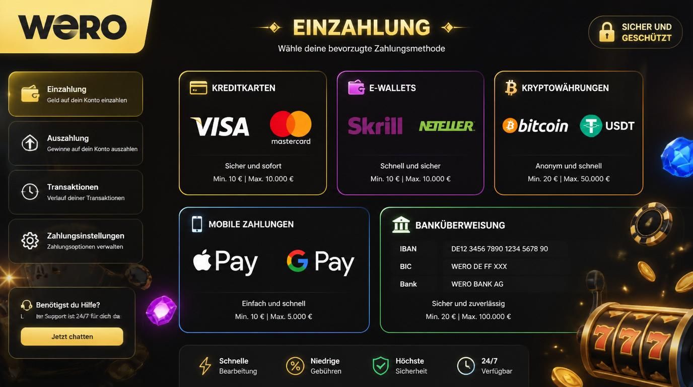 Verschiedene Einzahlungsmöglichkeiten wie Karten, E-Wallets, Krypto und Mobile Pay gemeinsam in einer übersichtlichen Kasse dargestellt